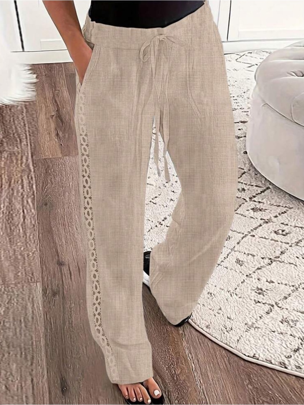 Lace-Trim 🔥 Drawstring Wide-Leg Pants in Beige